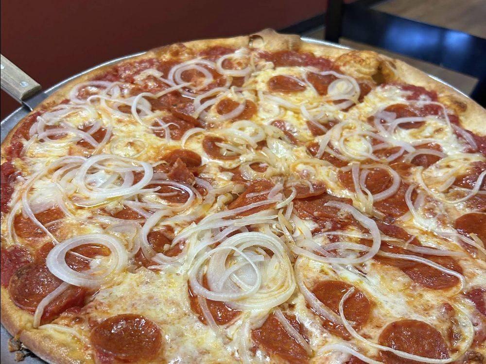 Hand-tossed pepperoni and onion pizza